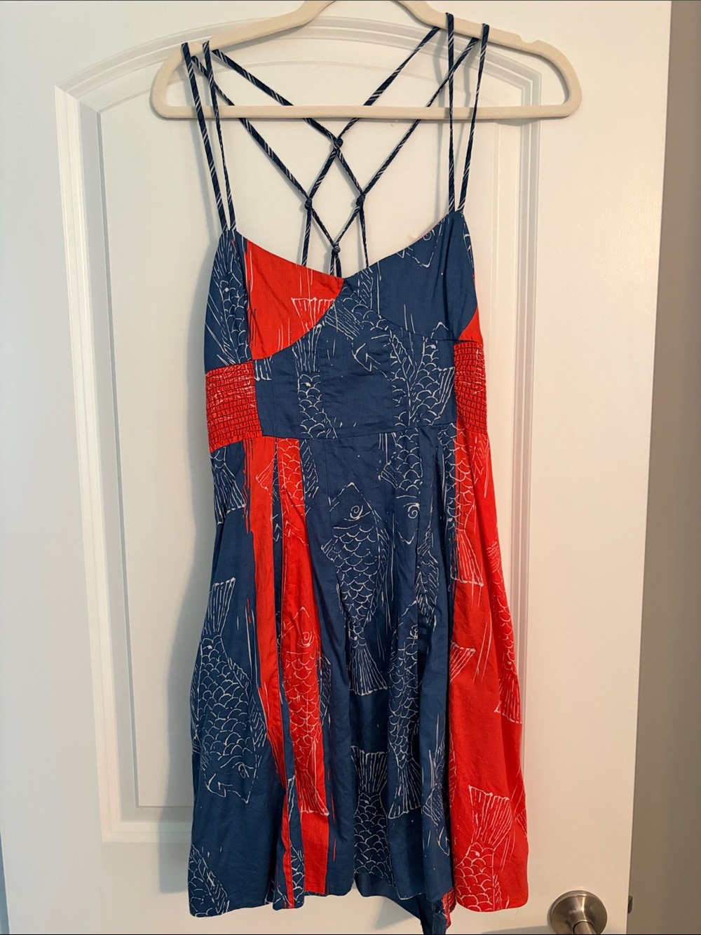 Free People Navy and Red Fish Print Strappy Dress size 10